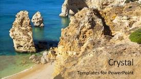  Presentation with doors to beach scene - PPT theme enhanced with navy blue yellow - idyllic beach praia da marinha background and a coral colored foreground