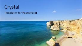  Presentation with female and beach - Slide set having navy blue yellow - idyllic beach praia da marinha background and a  colored foreground