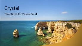  Presentation with long tailed macaque macaca fascicularis - Presentation theme consisting of navy blue yellow - long exposure at the beach background and a light blue colored foreground