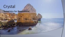  Presentation with doors to beach scene - Slide deck having navy blue yellow - marinha beach lagoa - algarve background and a  colored foreground