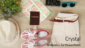  Presentation with clothing wooden clothes hanger object - PPT layouts having navy flowers - summer vacation clothes shoes background and a  colored foreground