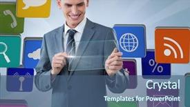  Presentation with interface - Presentation theme consisting of navy leadership - smiling businessman using interface screen background and a ocean colored foreground
