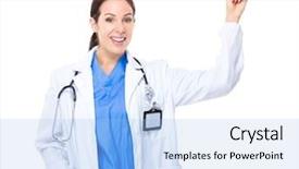  Presentation with navy medical - Slides consisting of portrait of young attractive female doctor in white coat with glasses smiling looking in camera sitting at her workplace confident friendly experienced professional skilful positive cheerful lucky happy brunette caucasian beautiful pretty gp isolated background and a light gray colored foreground