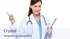  Presentation with 7 point bullet list - Amazing PPT theme having navy medical - female doctor finger point up backdrop and a sky blue colored foreground