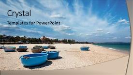  Presentation with long tailed boat fishing boat - PPT layouts with ne - coracle fishing boats on beach background and a light blue colored foreground