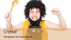  Presentation with caveman - Cool new presentation with neanderthal - funny caveman with pot isolated backdrop and a yellow colored foreground