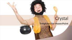  Presentation with caveman - Amazing presentation having neanderthal - funny caveman with pot isolated backdrop and a  colored foreground