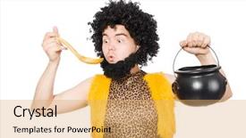  Presentation with caveman - Slides featuring neanderthal - funny caveman with pot isolated background and a yellow colored foreground