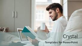  Presentation with joyful - Slides with near at laptop and reading background and a light blue colored foreground