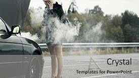  Presentation with mobile phone in woman hand - Slide deck enhanced with near broken and smoking car background and a light gray colored foreground