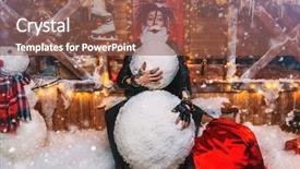  Presentation with snowman - PPT layouts with heerful punk santa fools around near his house with snowballs and a bag of gifts in his hands making a snowman background and a tawny brown colored foreground