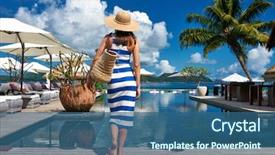  Presentation with woman - Amazing PPT layouts having near poolside jetty at seychelles backdrop and a ocean colored foreground