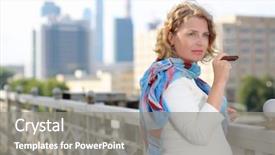  Presentation with railing - Audience pleasing slide deck consisting of pregnant woman in white dress holds cigar near railing in sunny day in city backdrop and a gray colored foreground