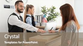  Presentation with hotel - PPT theme consisting of near reception desk in hotel background and a coral colored foreground