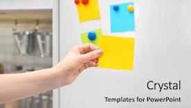  Presentation with note - Slides enhanced with color notes - woman holding empty note near background and a light gray colored foreground