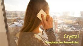  Presentation with talking on phone - PPT theme featuring near the window with view background and a tawny brown colored foreground