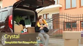  Presentation with college move in day - Slides having near their car on moving background and a violet colored foreground