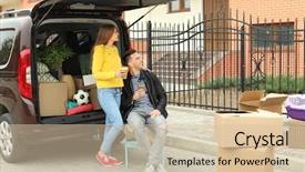  Presentation with college move in day - Audience pleasing theme consisting of near their car on moving backdrop and a soft green colored foreground