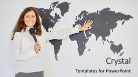  Presentation with woman world - PPT theme having near wall with schematic world background and a light gray colored foreground