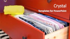  Presentation with manilla folder open papers - Slide set enhanced with neatly folded clothes in open background and a crimson colored foreground