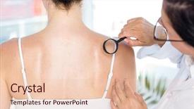  Presentation with metabolic doctor examining - Presentation theme enhanced with neck cancer - doctor examining patient with magnifying background and a  colored foreground