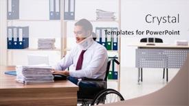  Presentation with employee - Presentation design enhanced with neck-injured-young-male-employee background and a sky blue colored foreground
