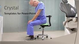  Presentation with dental office - Audience pleasing presentation theme consisting of neck pain in the dental practice mature dentist having short break for regeneration after long working hours in his office backdrop and a light gray colored foreground