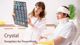  Presentation with metabolic doctor examining - Slide deck having neck x rays - young doctor examining injured patient background and a lemonade colored foreground