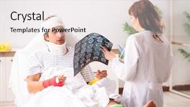  Presentation with doctor examining a newborn baby - PPT theme consisting of neck x rays - young doctor examining injured patient background and a sky blue colored foreground