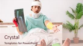  Presentation with workplace accident hospital - Audience pleasing slide deck consisting of neck x rays - young injured man staying backdrop and a  colored foreground