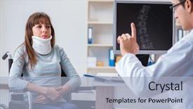  Presentation with arthritis medical examination medicine health - Beautiful slides featuring neck x rays - young woman visiting doctor backdrop and a light blue colored foreground