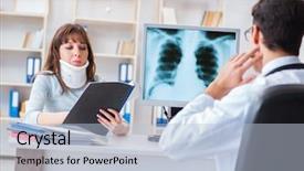  Presentation with dental radiology panoramic x ray - Beautiful presentation design featuring neck x rays - young woman visiting radiologist backdrop and a light blue colored foreground