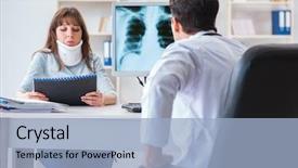  Presentation with radiologist - PPT layouts enhanced with neck x rays - young woman visiting radiologist background and a light blue colored foreground