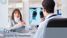  Presentation with radiologist - PPT theme enhanced with neck x rays - young woman visiting radiologist background and a light blue colored foreground