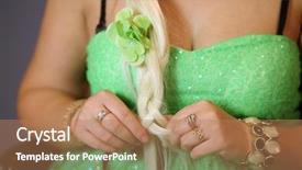  Presentation with green gold - Colorful PPT theme enhanced with neckline and hands with gold rings of young woman in green dress backdrop and a coral colored foreground