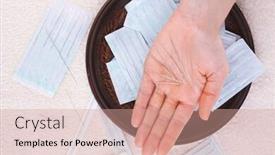  Presentation with acupuncture - Colorful presentation design enhanced with needles for acupuncture on hand close up backdrop and a coral colored foreground