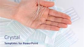  Presentation with needles - Beautiful presentation theme featuring needles for acupuncture on hand close up backdrop and a sky blue colored foreground