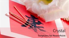  Presentation with needles - PPT layouts having needles for acupuncturist shown on chinese health sign background and a coral colored foreground