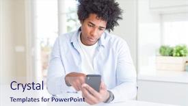  Presentation with african american in technology - Beautiful PPT theme featuring negative attitude - african american man using smartphone backdrop and a  colored foreground