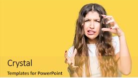  Presentation with yelling - Cool new slide deck with negative positive communication - young beautiful woman wearing casual backdrop and a  colored foreground