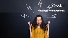  Presentation with high voltage - Slides enhanced with negative thinking - furious young woman standing background and a dark gray colored foreground