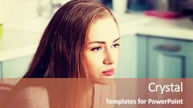  Presentation with kitchen equioment and utilises - PPT theme featuring negative thinking - pensive caucasian woman background and a  colored foreground