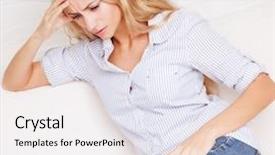  Presentation with grief - PPT theme featuring negative thinking - sad woman at home grief background and a white colored foreground