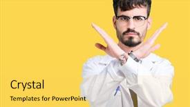  Presentation with scientist - Presentation design featuring negatives - young professional scientist man wearing background and a yellow colored foreground
