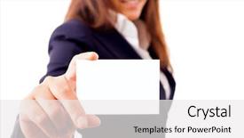  Presentation with business card - Colorful PPT theme enhanced with negotiation styles - businesswoman in suit showing his backdrop and a  colored foreground
