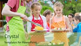 Presentation with neighbors - Audience pleasing PPT theme consisting of neighbors - family having barbecue at garden backdrop and a mint green colored foreground