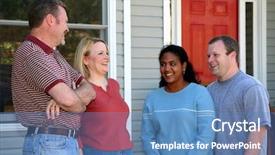  Presentation with new home - Cool new presentation with neighbors - two happy couples standing outside backdrop and a teal colored foreground