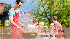  Presentation with grilling - Colorful PPT layouts enhanced with neighbors neighborhood - man grilling meat on garden backdrop and a  colored foreground