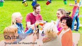  Presentation with neighbors - Beautiful PPT theme featuring neighbors neighborhood - people toasting at party backdrop and a coral colored foreground