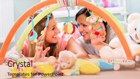  Presentation with moms - Colorful PPT layouts enhanced with neonatal - soon-to-be moms testing baby toys backdrop and a coral colored foreground